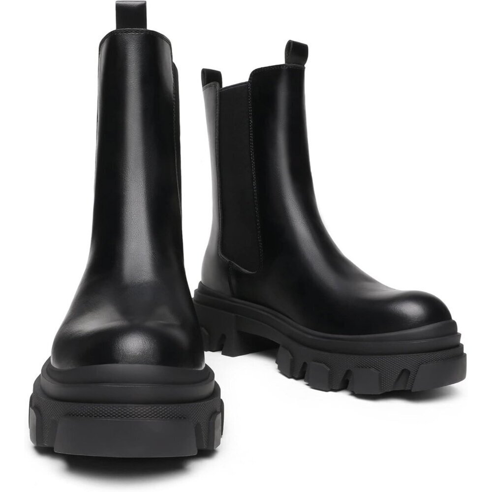 Women's Black PU Platform Chelsea Lug Sole Combat Mid Calf Slip On Ankle Boot - Picture 3 of 5